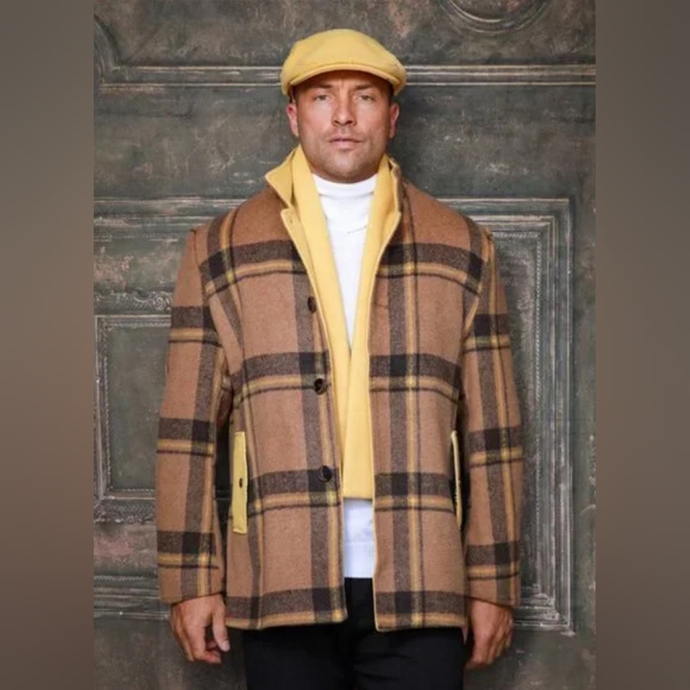 Men's Manzini Tan  Yellow Detachable Scarf & Matching Hat Mid Length Trench Coat